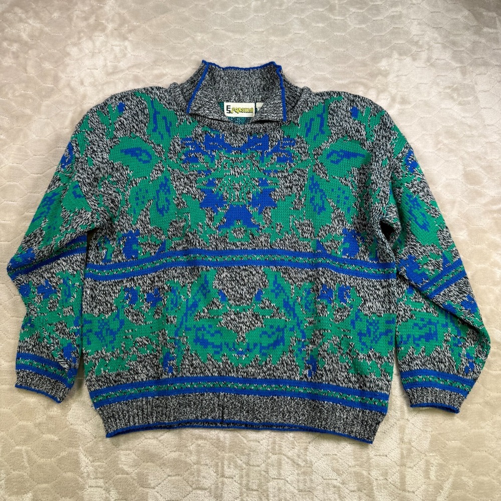 VTG 80s 90s Forshim Collared Acrylic Sweater Sz Lg Shoulder Pads